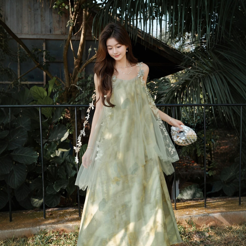 Green Swallow-Style French Ambiance, Stunning Green Gradient Mesh Strap Dress, Summer Vacation Style, Lace Fairy-Like Long Dress
