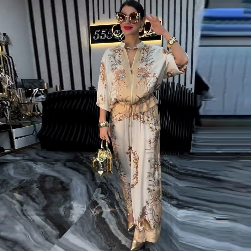 2025 Summer New European and American Amazon Fashion Three-dimensional Printed Flower Baseball Suit Drawstring Pants Two-piece Set