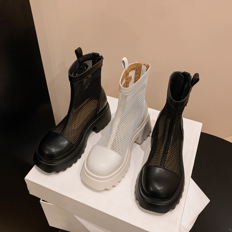 Boot nữ cổ cao đế dày gót bánh xốp da bò lưới thoáng khí xuân hè 2024 — Màu đen, Màu trắng be chi tiết 126