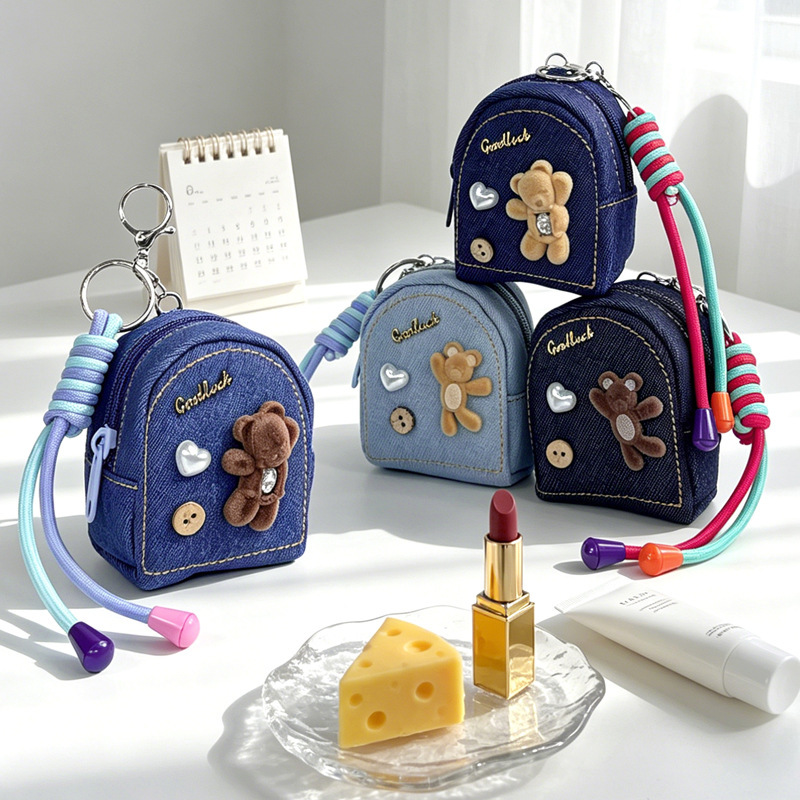 Denim Coin Purse, Student Mini Backpack, Exquisite and Cute Bear Keychain, Earphone Storage Bag, High Aesthetic Value Denim Coin Purse, Student Mini Backpack, Exquisite and Cute Bear Keychain, Earphone Storage Bag, High Aesthetic Value