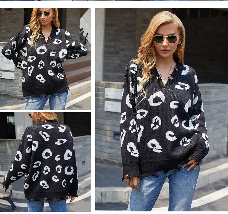 autumn and winter v-neck leopard sweater nihaostyles wholesale clothing NSMMY82821