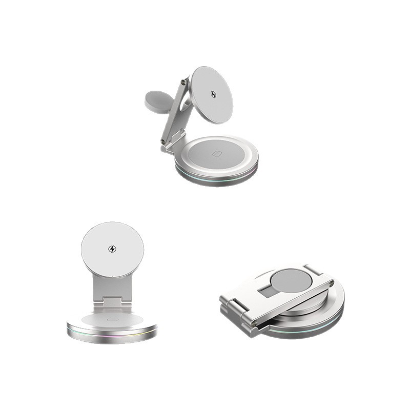 Cargador inalámbrico magnético de 15W tres en uno 360 ° Base de carga inalámbrica plegable de metal giratoria para teléfono móvil al por mayor