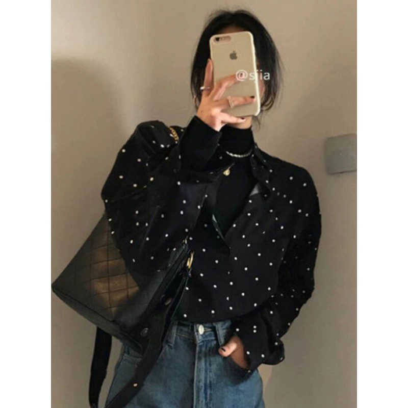 เสื้อเชิ้ตรัดทอนแขนยาว oversize สำหรับผู้หญิง สไตล์เกาหลีย้อนยุคลายจุดลำลอง