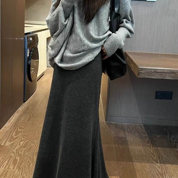 黑色鱼尾裙女百搭气质a字裙包臀裙显瘦针织半身裙中长款裙