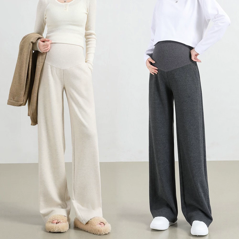 woolen fleece casual trousers with belly support for pregnant, fitted, oversize, loose straight fit