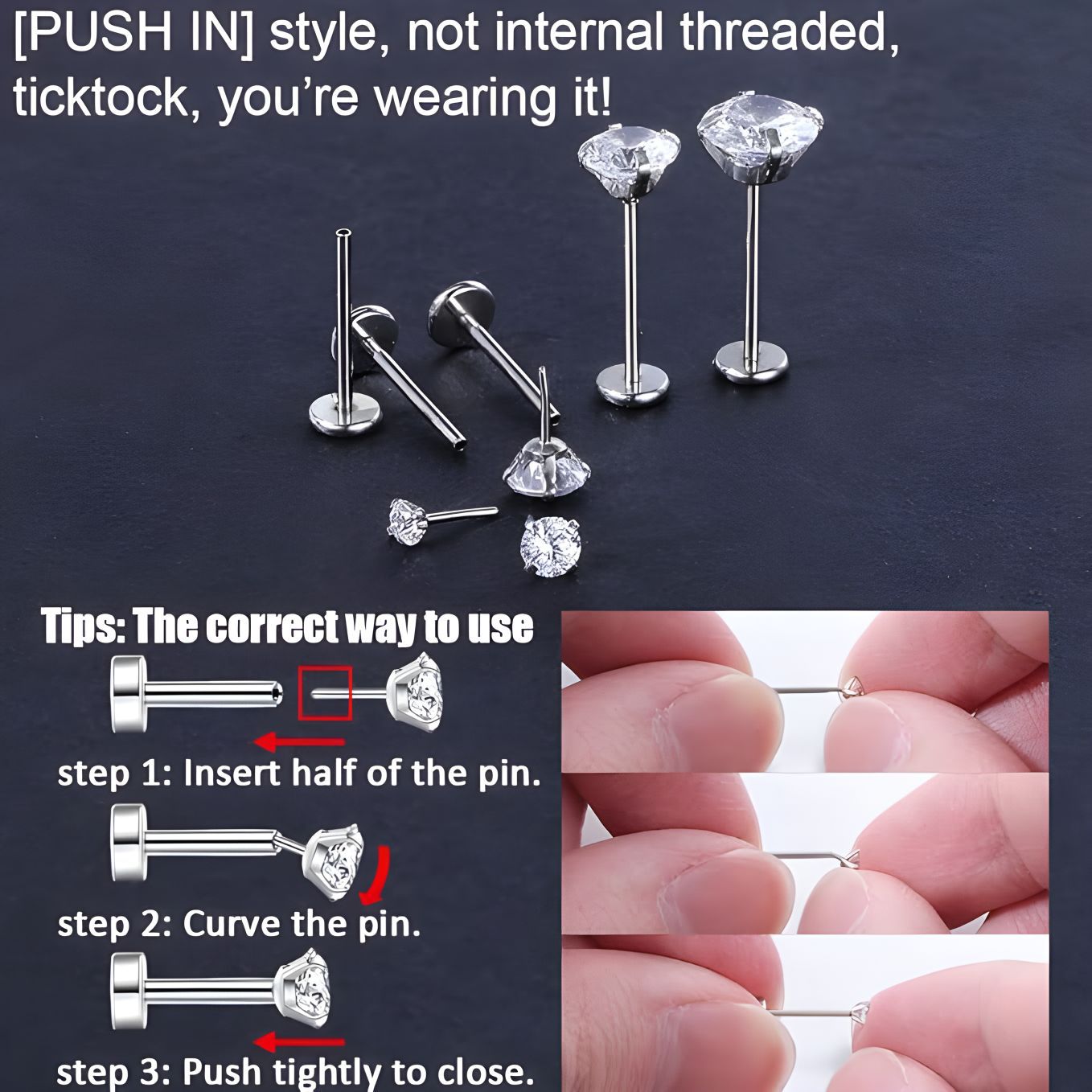 Titanium push-pin neuspiercing met zirkonia en chirurgisch staal_voghion.com