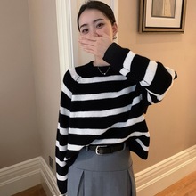 条纹圆领羊绒衫女秋冬新款宽松厚毛衣短款均码针织羊毛打底衫女