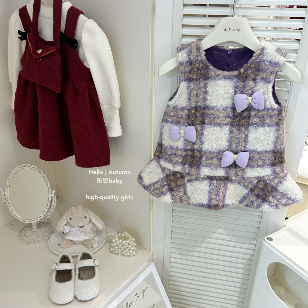 [Ropa de niños de Leen] ropa de invierno de niñas chaleco de lana púrpura vestido de bebé vestido de moda festivo