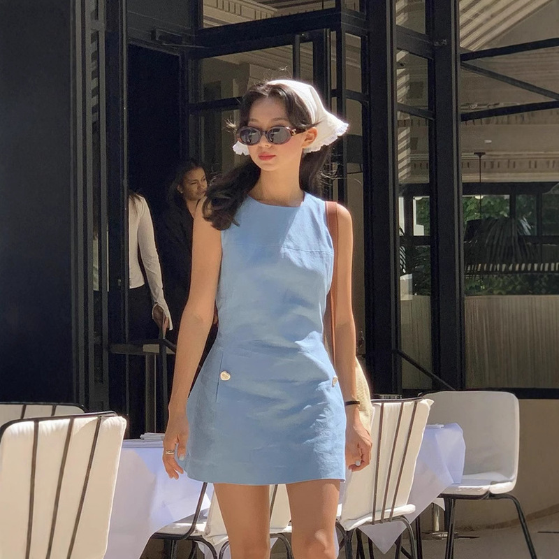in stock sleeveless blue waist dress women 2025 summer Han dong gate design comfortable skirt s * u