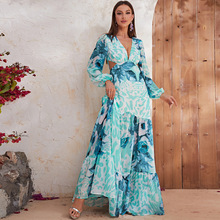 跨境长款连衣裙 性感深V领豹纹印花长袖镂空雪纺连衣裙-A017-3