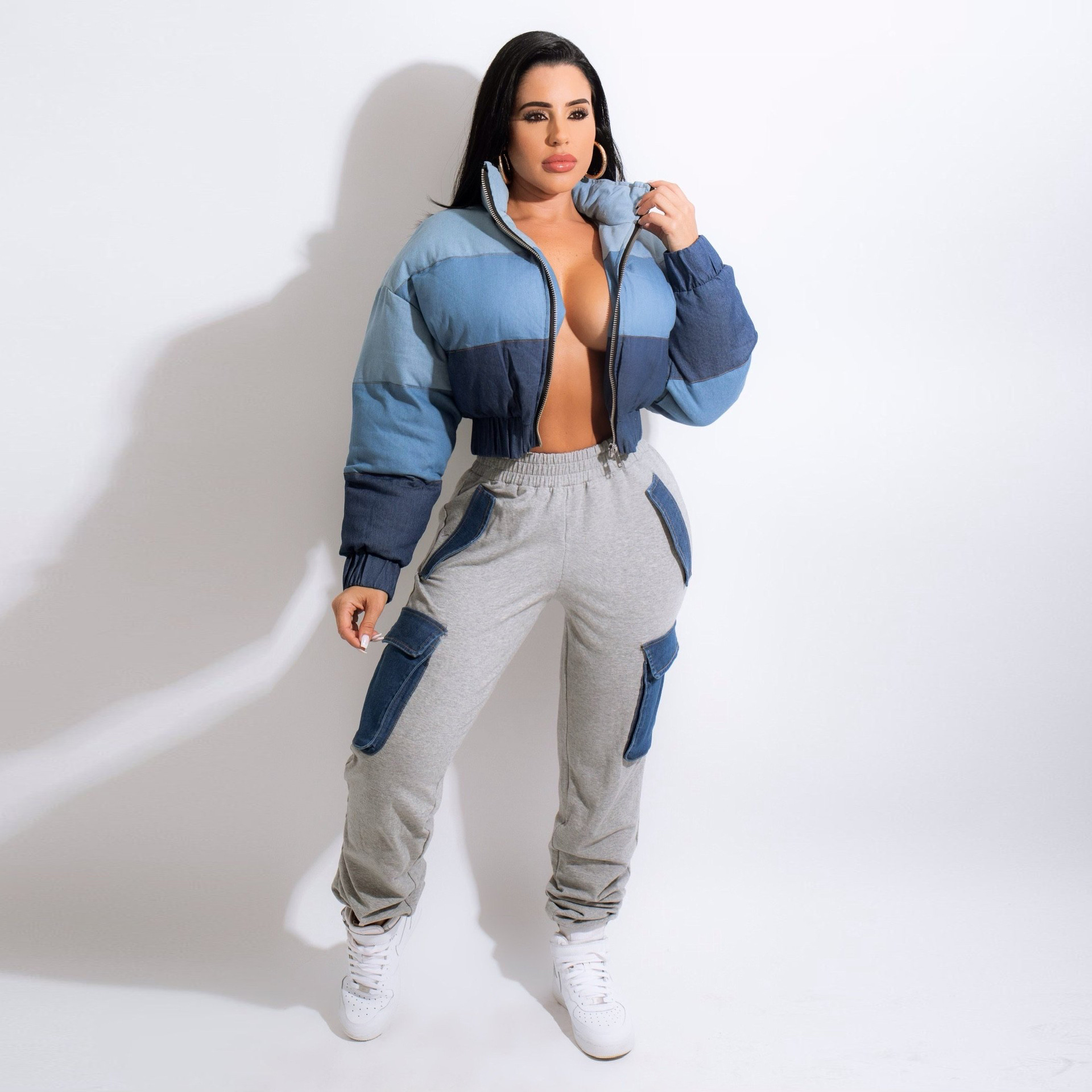 Women's Clothing street style denim large pocket high waist overalls_voghion.com