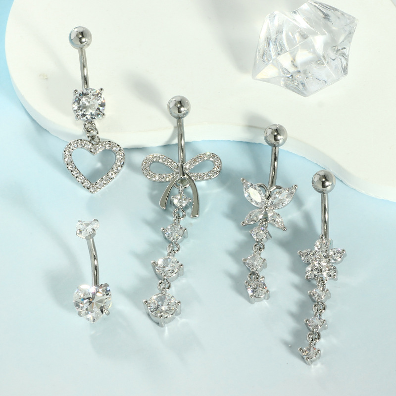 5-Piece Rose Gold Stainless Steel Belly Button Ring Set, Heart Butterfly Pendants, Zirconium Navel Ring Piercing Jewelry Wholesale detail image 6