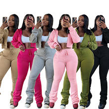 TW809时尚秋冬跨境欧美女连帽拉链开衫收腰加绒卫衣绑绳运动套装