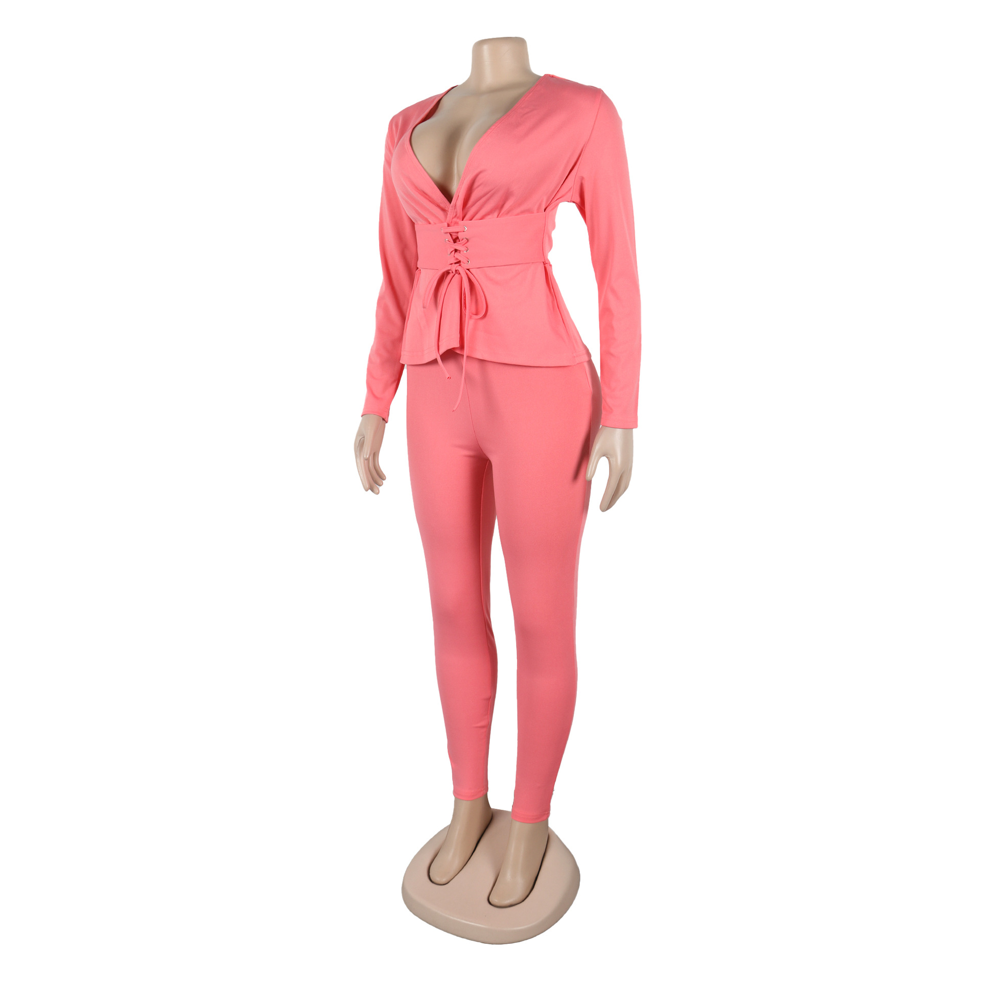 Conjunto de dos piezas de blusa y pantalón de manga larga con escote en V y cintura ajustada de color liso