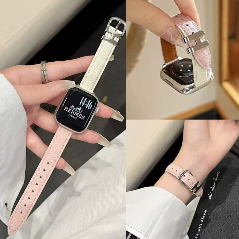 Suitable for Apple Watch Strap Apple Watch 1-11 Generation/Ultra Color Matching Pebbled H Ring Leather Watch 14mm
