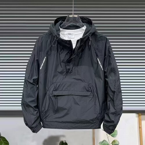 Men's Spring and Autumn Workwear Half-Zip Down Jacket with Hood Sweatshirt Solid Color Pullover Top Loose Casual Jacket Overcoat