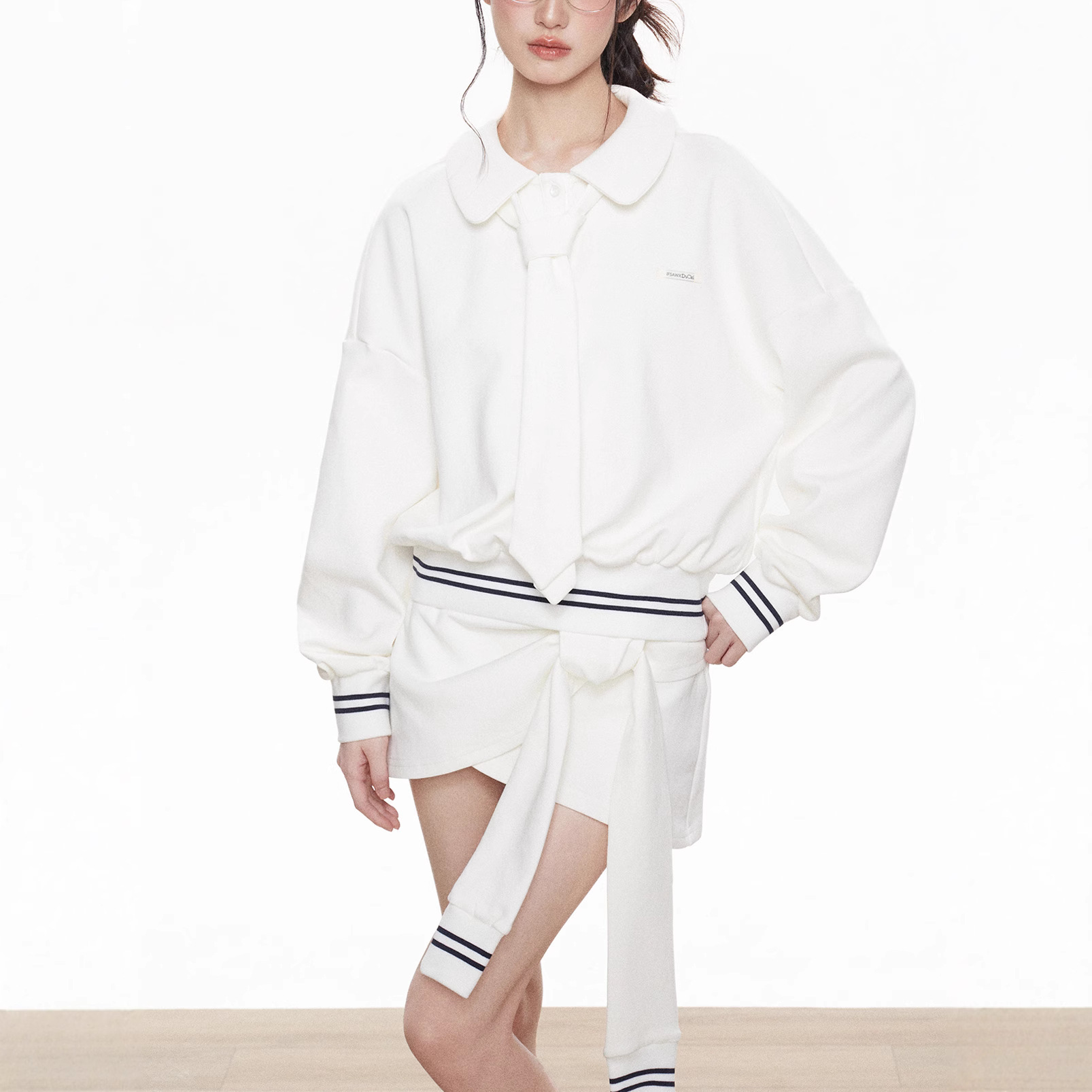 Lalunedu Korean Preppy Style Sweatshirt Detachable Skirt Autum Niche Asymmetrical Design Suit