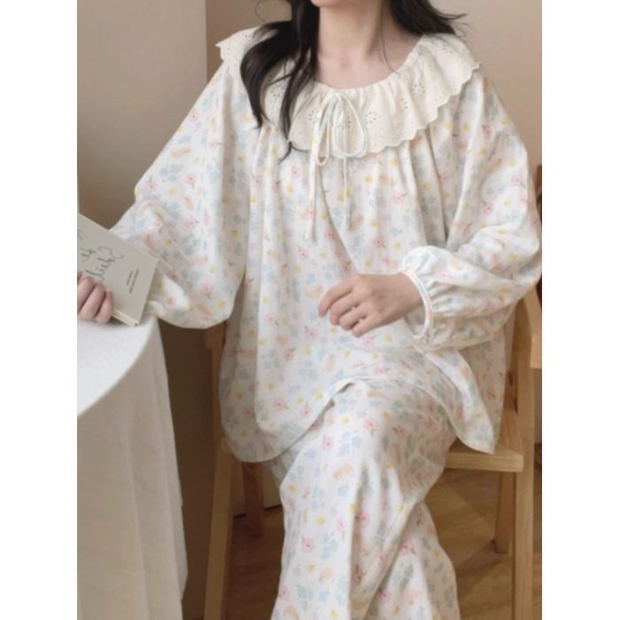 跨境批发云朵棉睡衣女秋季甜美大翻领蕾丝花边长袖长裤家居服套装|undefined