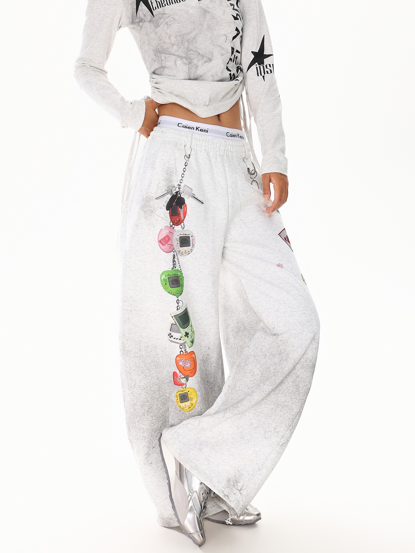 Hong Kong Style Fun Toy Chain Print Wide-Leg Pants for Women, Trendy and Fashionable Loose Slimming Long Pants
