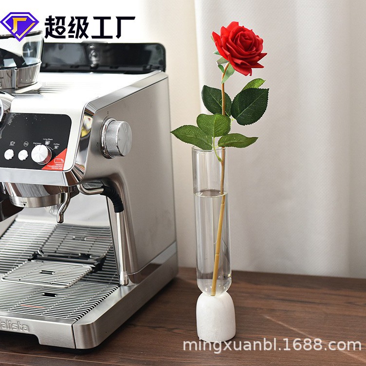 北歐ins風直筒透明玻璃小花瓶大理石底座水培插花擺件香薰瓶裝飾