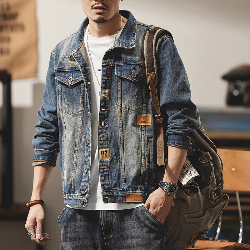 American Retro Micro-Badge Denim Jacket for Men, High-End, Handsome, Trendy Brand Pilot Motorcycle Jacket, Top Coat