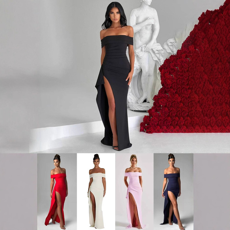 Cross-Border European and American Export Women's Clothing 2024 Spring Sexy One-Shoulder Elegant Party Dress Slit Dress Cross-Border European and American Export Women's Clothing 2024 Spring Sexy One-Shoulder Elegant Party Dress Slit Dress