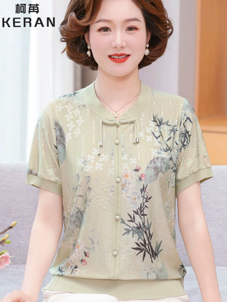 Иностранная мама летнее платье новый национальный стиль новый китайский стиль с короткими рукавами ледяной шелк футболка среднего и пожилого женского модного костюма