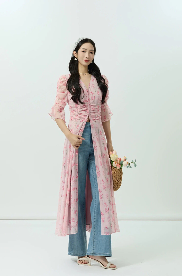 Đầm maxi nữ thắt eo họa tiết hoa nhí kiểu Pháp — Hồng anh đào mộng mơ chi tiết 5