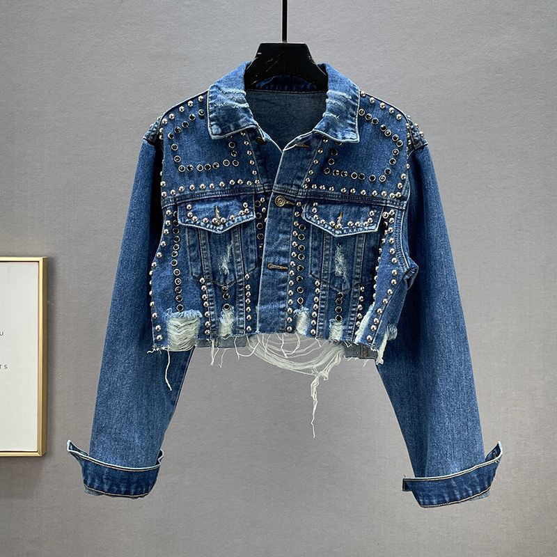 Cross-border new European Station foreign trade heavy industry rivet Diamond Denim coat women's worn beaded jacket top