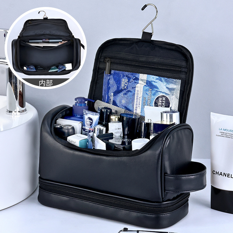 Bolso de almacenamiento de cosméticos de cuero simple de negocios para hombres portátil, bolsa de lavado de viaje con gancho, bolsa de cosméticos portátil