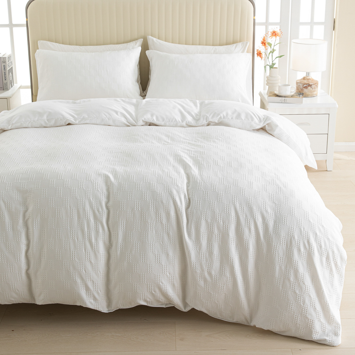 外贸家纺床上用品被套套件简约纯色华夫格跨境欧美尺寸三件套