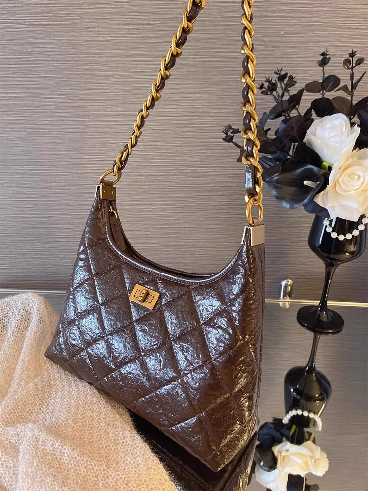 Túi tote nữ da thật kiểu tweed đeo chéo dây xích chần bông — Màu đen, Đỏ Ancora, Cà phê Mocha, Màu nâu chi tiết 15
