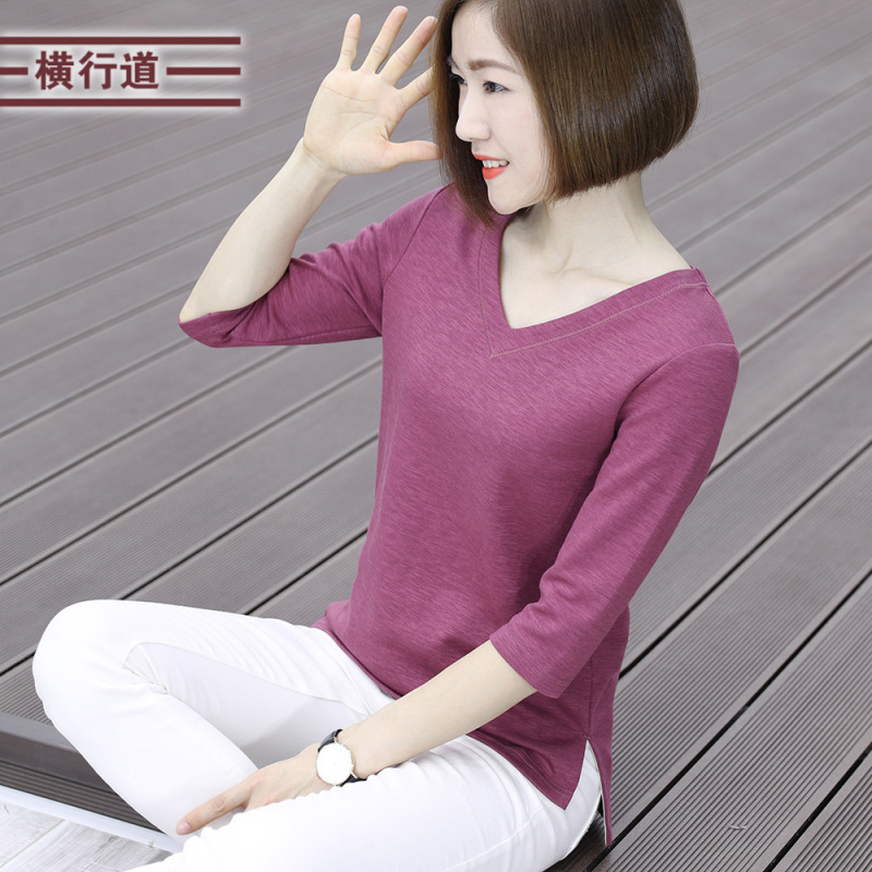 2025秋装新款纯棉竹节棉妈妈中袖t恤七分袖打底衫v领宽松女士上衣|undefined
