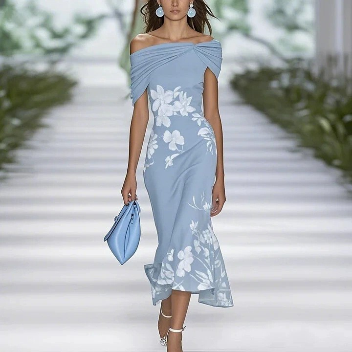 2026 European and American Fashion New Cross-Border Hot-Selling Off-Shoulder Printed Slim-Fit Dress Summer New Style Elegant Bodycon Dress