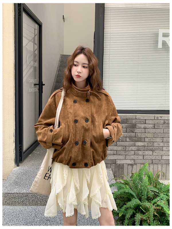 休闲减龄卡其色麂皮绒短外套女春秋2025新款小个子夹克上衣巨好看|undefined