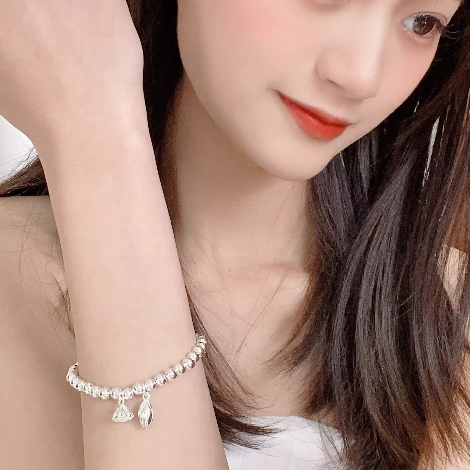 Silver fresh lightweight silver bracelet, fashionable round beads, jewelry, light style, Birthday gift