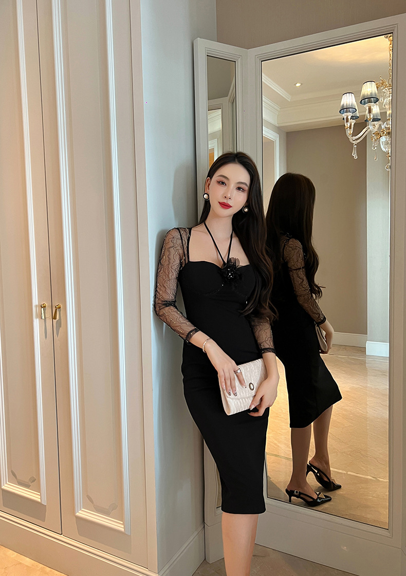 Đầm dài dáng ôm cổ halter phối lưới phong cách quý tộc — Màu đen chi tiết 9