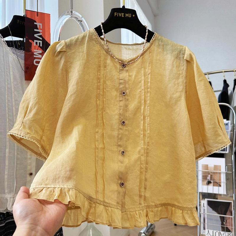 フレンチリネンラウンドネック半袖シャツ女性用夏薄いニッチ多用途ルーズコットンとリネンシャツトップ|undefined