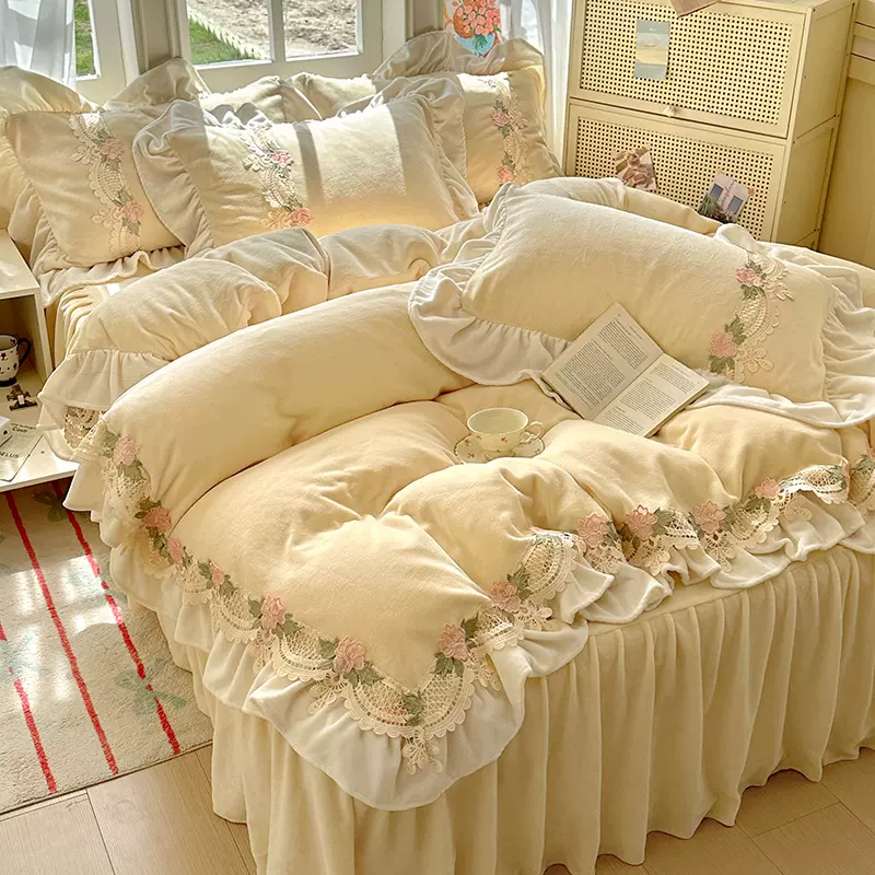 牛奶绒四件套床裙高克重刺绣花边法式公主风床单床笠床上四件套-X