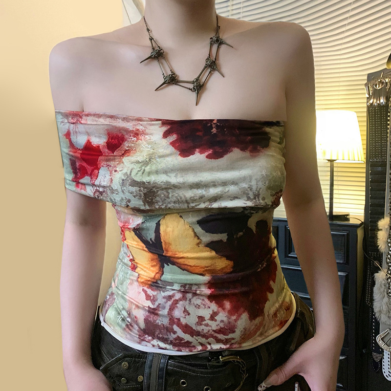 恋恋布忘古着蝴蝶扎染印花单肩不对称抹胸上衣辣妹风紧身短款T恤