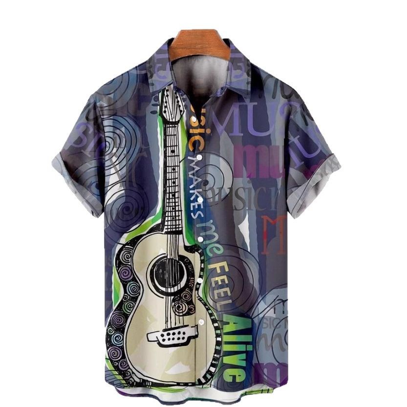 Herren Sommerhemd Mit 3d Gitarren Druck Modisch Locker Geschnitten_voghion.com