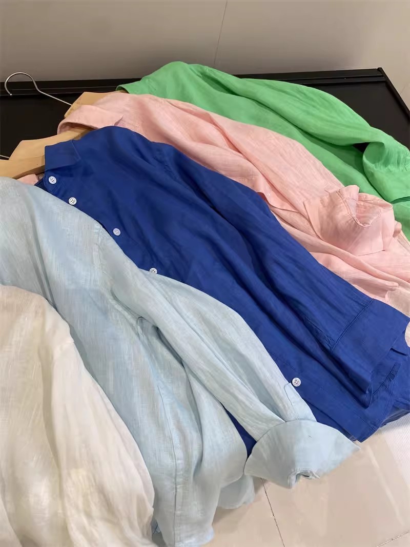 Áo sơ mi linen nữ tay dài phong cách Pháp, chất cotton pha lanh cao cấp, form rộng thoáng mát — màu xanh nhạt chi tiết 12