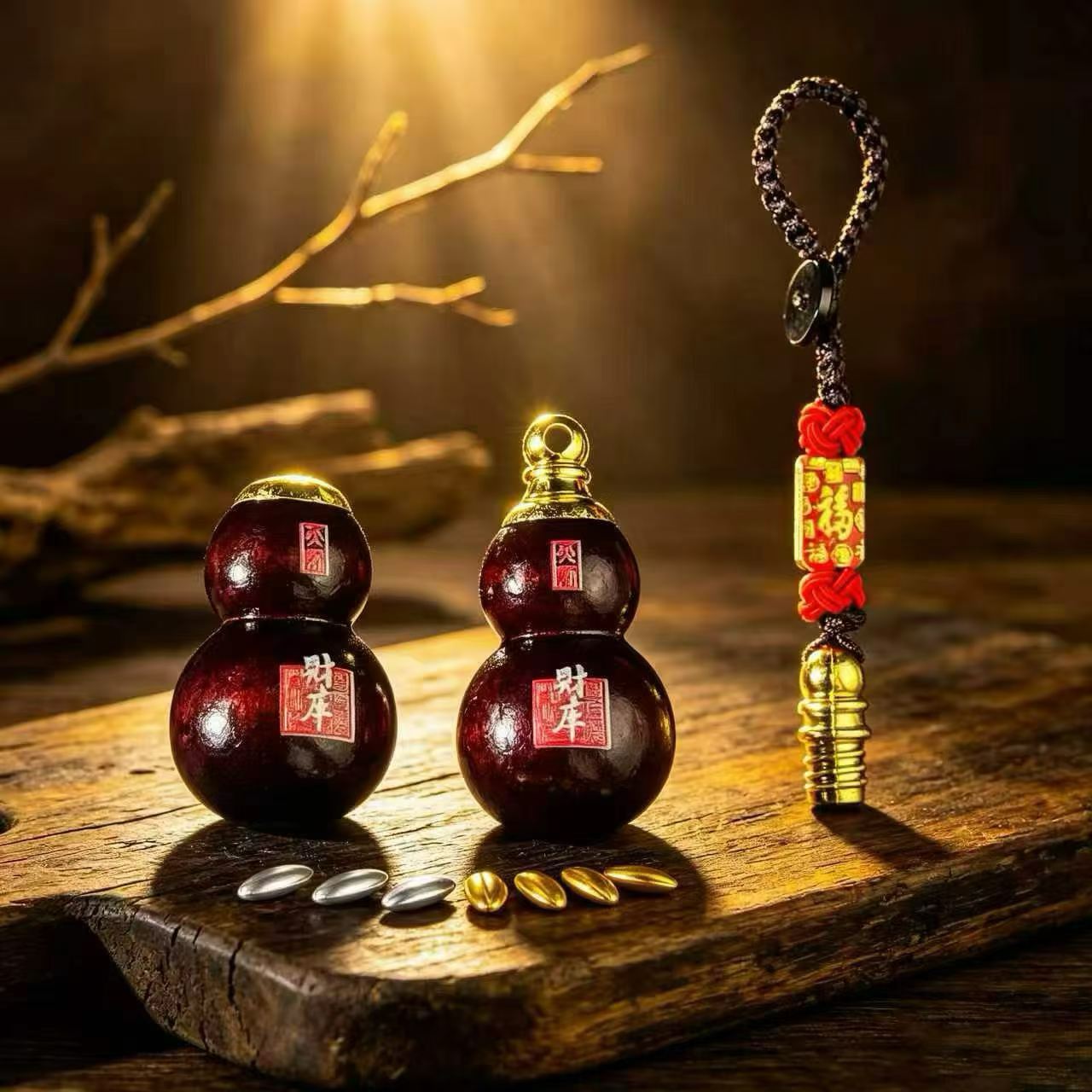 A gourd-shaped keychain filled with seven grains of rice and cinnabar, symbolizing abundant wealth flowing in from all directions and auspicious purple clouds coming from the east.