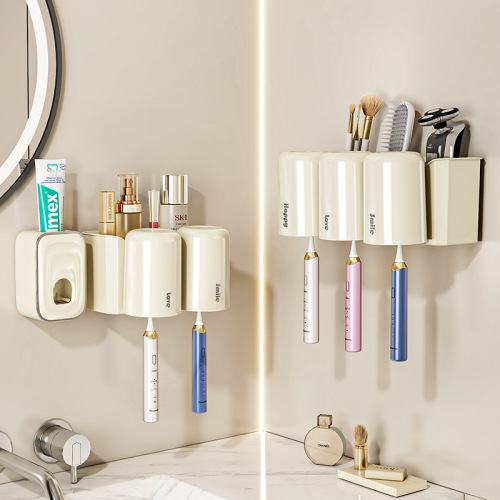 Cream Wind Hole-Free Wall-Hanging Toothbrush Holder with Toothpaste Squeezer, Bathroom Shower Cup Storage and Display Rack