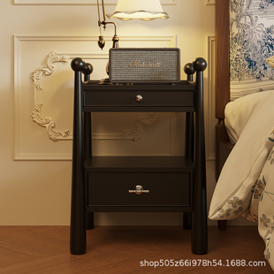 French Bedside Table Black Small Solid Wood Retro Bedroom Bedside Table Antique Style Creative Design Bedside Small Side Table
