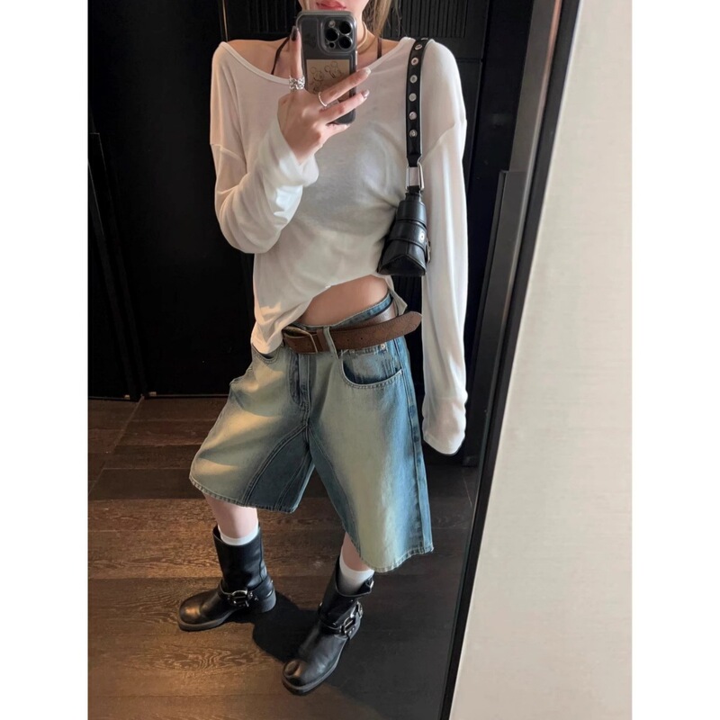 High Street Cool Silhouette Retro Straight Denim Shorts for Women Summer High Waist Wide Leg Loose Mid-Length Pants Thin Summer High Street Cool Silhouette Retro Straight Denim Shorts for Women Summer High Waist Wide Leg Loose Mid-Length Pants Thin Summer