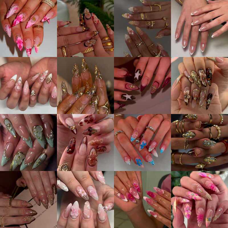 Cross-Border Almond-Shaped Nail Art with Various Creative Designs, Nail Flower Patterns, Geometric Colorful Splicing, Rivet Decorations, and Fashionable Styles