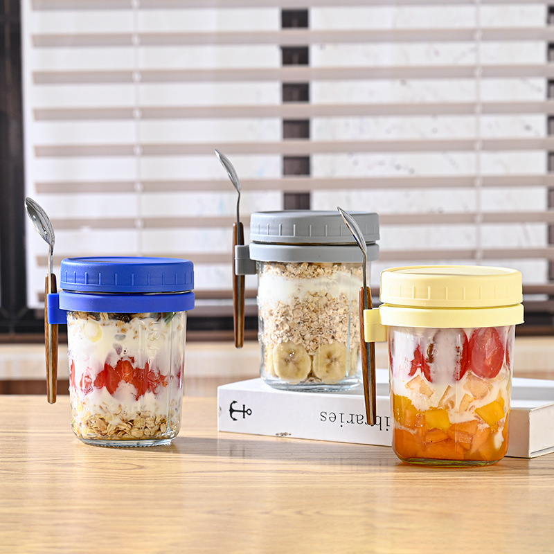 Taza de avena portátil durante la noche al por mayor taza de agua con cuchara con cubierta taza de desayuno taza de ensalada de vidrio taza de yogur