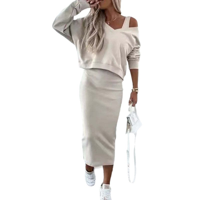 Completo da donna con scollo a V, manica lunga, tunica, maglione, due pezzi, casual, in maglia, colori a tinta unita, tendenze moda_voghion.com