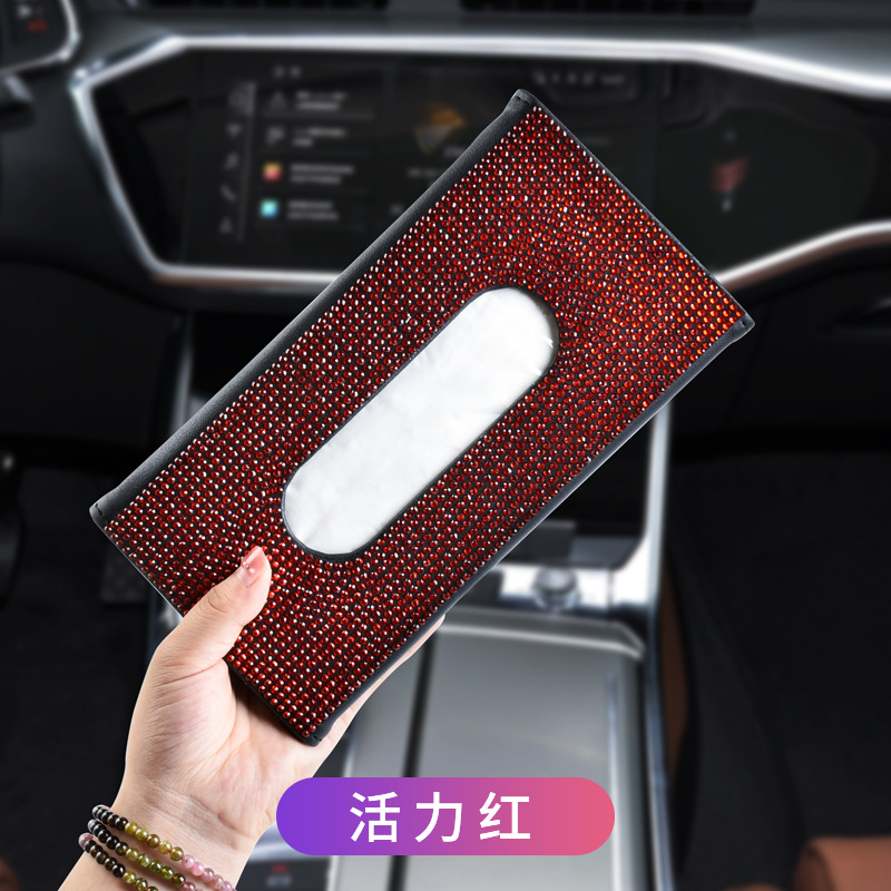 Caja de pañuelos de visera de coche asiento trasero de cuero clip de tejido incrustado de diamantes de imitación de mujer de moda creativa caja de pañuelos de coche image 14
